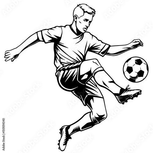 Dynamic black and white illustration of a male soccer player mid-air, executing a powerful kick with motion lines accentuating speed and energy, isolated on a white background.