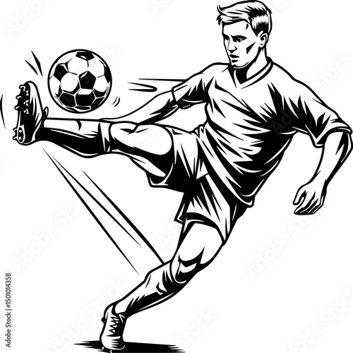Dynamic black and white illustration of a male soccer player mid-air, executing a powerful kick with motion lines accentuating speed and energy, isolated on a white background.