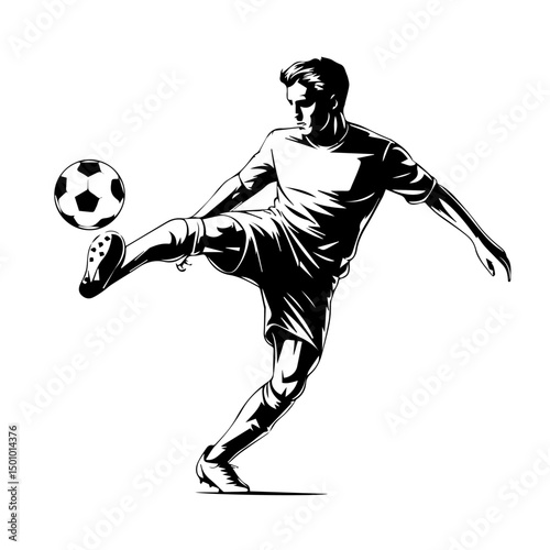 Dynamic black and white illustration of a male soccer player mid-air, executing a powerful kick with motion lines accentuating speed and energy, isolated on a white background.