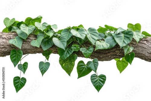 Green leaves and branch arrangement on white background