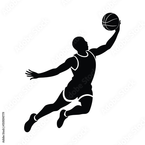 Silhouette of basketball player jumping with ball, Silhouette of basketball player doing slam dunk, isolated on white background