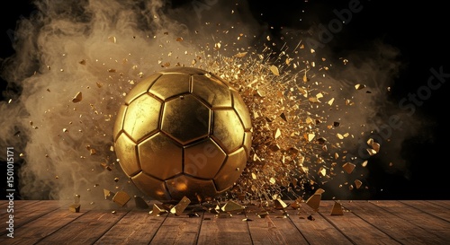 3D Render Of Gold Soccer Ball Explosion Dust Fragments Against Black Background
