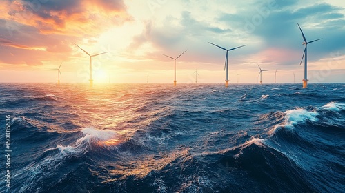 Ocean view of offshore wind farm with turbines. Beautiful sunset with cloudy sky background