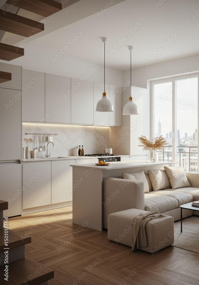 Fototapeta premium 3D Rendering of Modern White Kitchen Interior with Natural Light and Wooden Accents