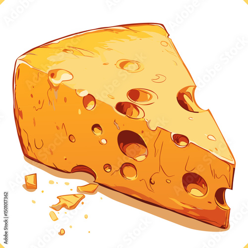Bright yellow cheese wedge with holes and crumbs, digital vector illustration on white background. 
