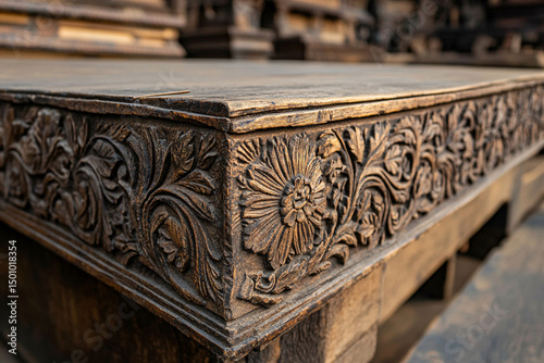 Decorative stonework enhances the facade with intricate floral designs and craftsmanship in the afternoon light photo