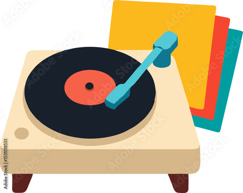 Retro Vinyl Turntable Icon in Beige, Black, and Blue Flat Colors for Music Apps, Vintage Design Projects, and Creative Educational Tools for Kids