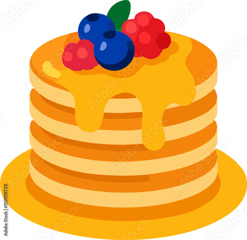 Berry Pancakes with Maple Syrup Flat Vector Icon for Breakfast Apps, Cooking Games, and Morning Recipe Graphics in Warm Yellow and Red Palette