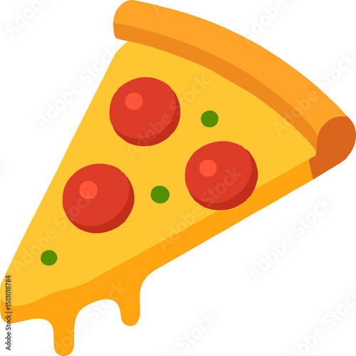 Melted Pepperoni Pizza Slice Flat Vector Icon for Food Delivery Apps, Restaurant Menus, and Children’s Mobile Games in Warm Yellow, Orange, and Red Color Palette