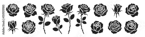 Collection of blooming rose silhouettes in various stages of growth, black and white vector illustration set. Includes buds, full blooms and stems with leaves in elegant floral design.