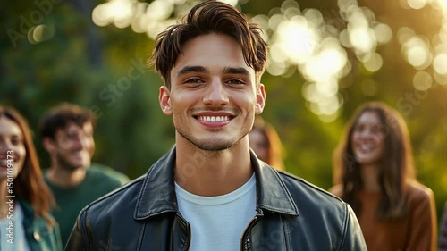 Wallpaper Mural Happy young man smiling outdoors with friends in background Torontodigital.ca