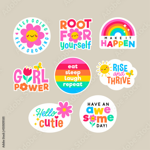 Set of positive thinking concept stickers design. Encourage quotes lettering with cute elements.