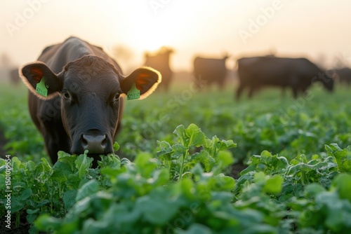 Cow grazing on a lush pasture at sunrise agricultural landscape with farm animals