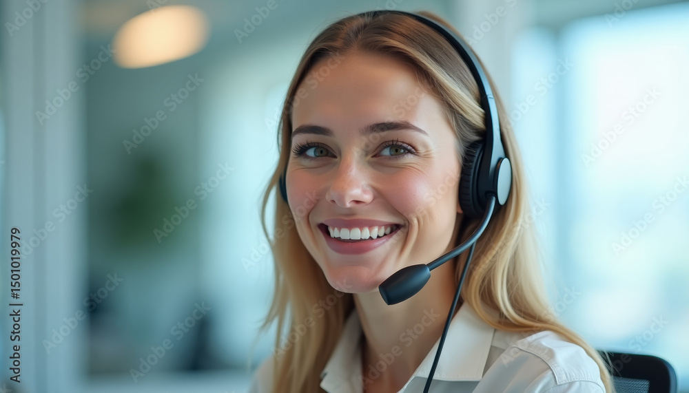 Call center representative smiling while wearing headset, conveying professionalism and friendly customer service. The bright, welcoming expression reflects business communication, support, efficiency Call center representative smiling while wearing headset, conveying professionalism and friendly customer service. The bright, welcoming expression reflects business communication, support, efficiency