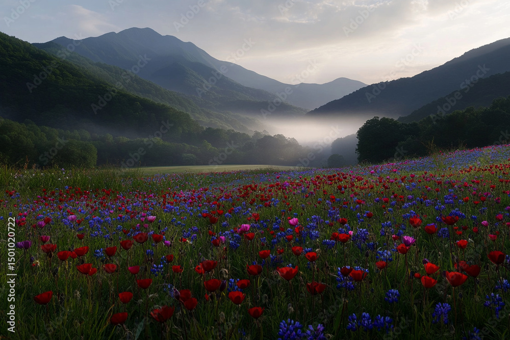 Fototapeta premium Colorful wildflower meadow under a misty mountain panorama at sunrise