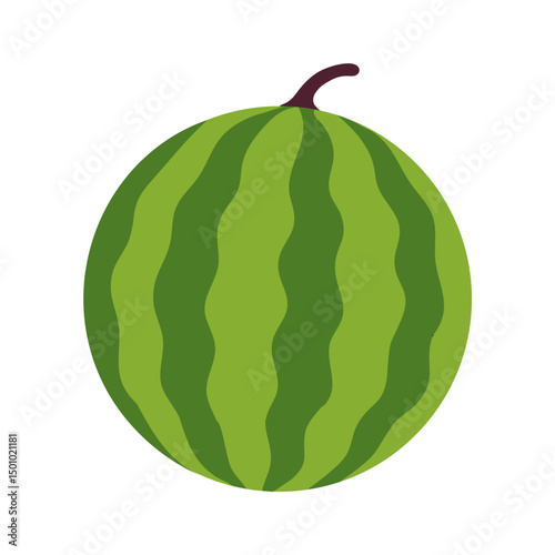 Whole round watermelon with green striped skin and a small stem, isolated flat icon.