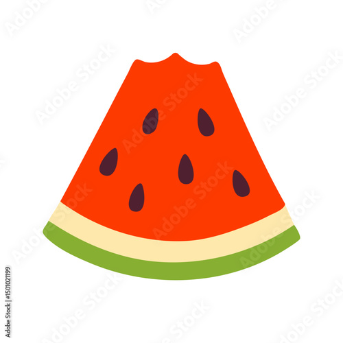 Bite taken out of a watermelon slice, vibrant and juicy with visible seeds.