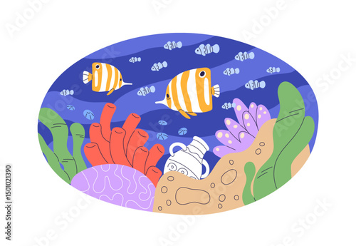 Underwater sea bed. Tropical fish, plankton swimming, exotic coral reef, seaweeds, amphora on seabed. Marine under water flora and fauna. Flat vector illustration isolated on white background