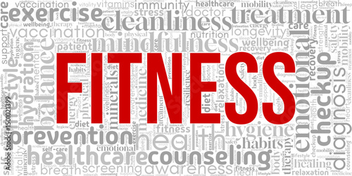 Fitness word cloud featuring health, training, and motivation terms. Perfect for gym visuals, personal training, wellness content, and active lifestyle branding or promotions