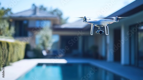 Drone flying over a residential pool area.