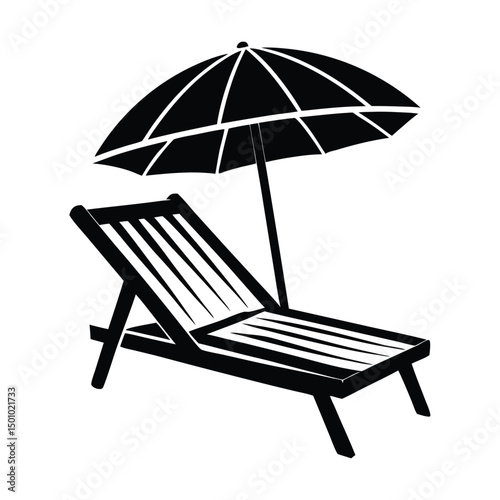 Beach chair with umbrella behind angle view, beach umbrella and chair