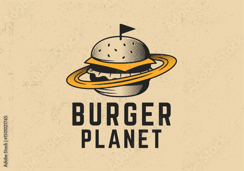 Burger logo, poster template. Vintage burger cafe banner, emblem with grunge texture. Fast food branding and restaurant menu. Vector illustration