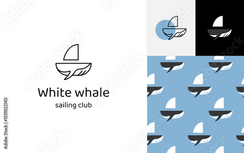 Modern sailing club logo and nautical pattern design. Stylized sailboat and whale tail logo with minimal line art, matching icons and seamless ocean-themed pattern for branding or design.
