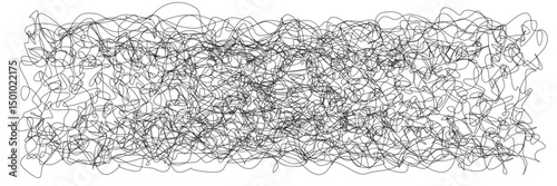 Scribble black ink strokes chaos on white bg with loopy texture. Doodle curly insane tangled background. Chaotic swirl lines in vector illustration