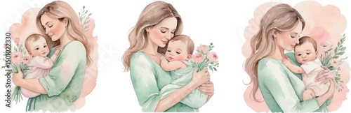 Colored Watercolor Illustration Beautiful Mother with her Newborn Baby with Flowers. Vector Watercolor Painting.