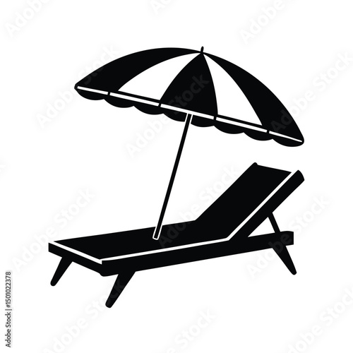Beach chair with umbrella behind angle view, beach umbrella and chair