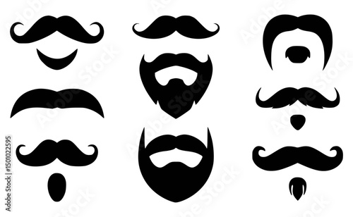Set of black silhouette beards and mustaches in various styles and designs