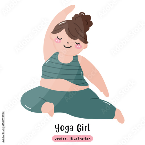 Plus size yoga overweight yoga cute woman yoga pose vector illustration