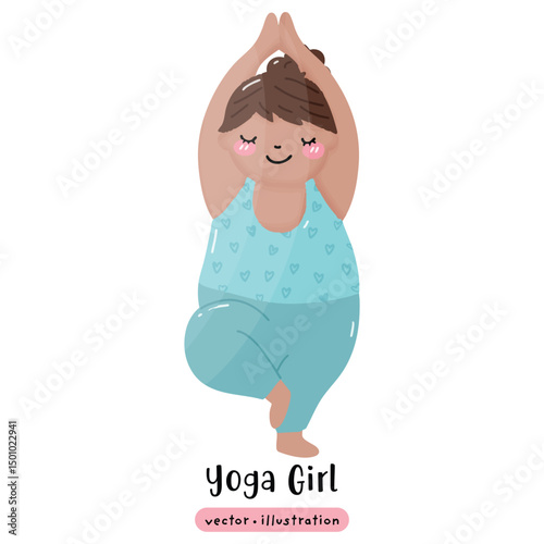 Plus size yoga overweight yoga cute woman yoga pose vector illustration