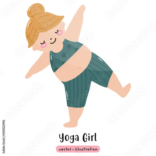 Plus size yoga overweight yoga cute woman yoga pose vector illustration