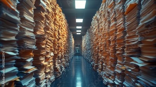 Massive stacks of paper fill a corridor under fluorescent lights, creating a sense of overwhelming documentation