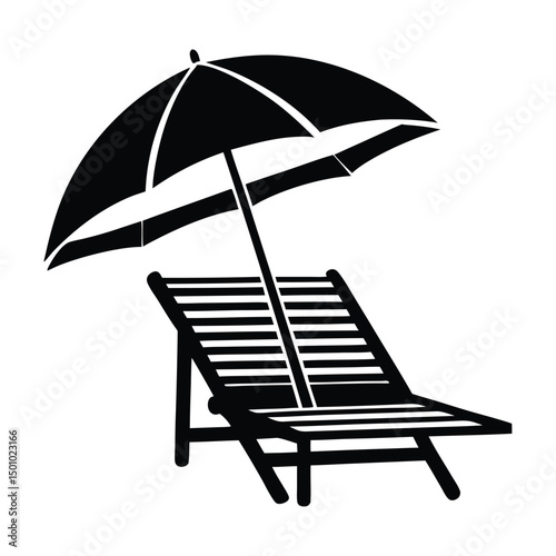 Beach chair with umbrella behind angle view, beach umbrella and chair