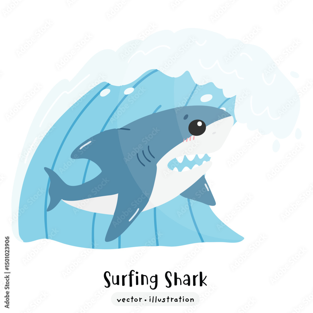 Naklejka premium Cute Shark surfing on surfboard with ocean wave vector illustration