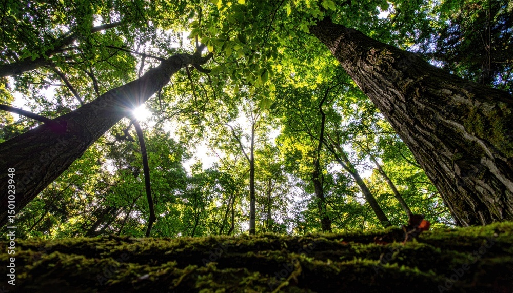Naklejka premium Looking up in forest, light filtering through leaves. Mossy foreground logs