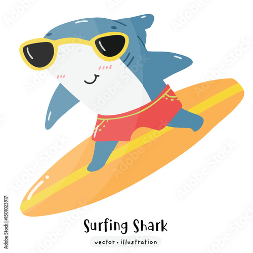 Cute Shark surfing on surfboard with ocean wave vector illustration