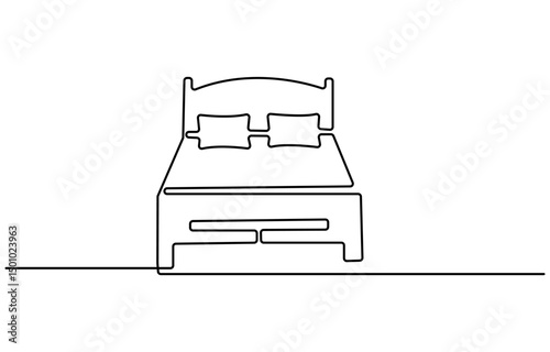 Double bed in continuous one line drawing. Scandinavian stylish furniture for cozy loft bedroom in simple linear style. Editable stroke. Doodle vector illustration