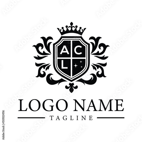 Luxury crest logo with shield, royal crown, and decorative flourishes for elegant brand identity or premium services