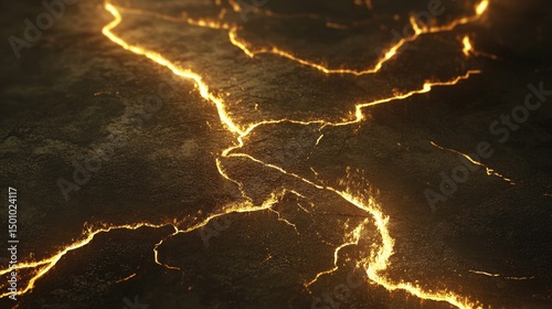 Molten gold-like energy flows through cracked, dark surface