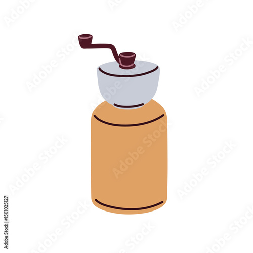 Manual coffee grinder with crank. Classic grinding tool, kitchen utensil. Traditional coffe appliance, wooden gadget, cookware. Flat graphic vector illustration isolated on white background