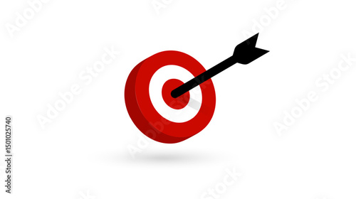 Bullseye target hit by black arrow symbolizing success, focus, goal achievement, marketing precision. Useful for business, startup, planning concepts. Vector illustration.