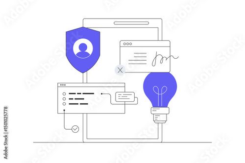 Digital contract signature concept. Signing signature on smartphone device screen. Flat Cartoon Vector Illustration, icon. Stylish abstract design landing page