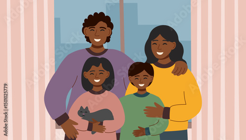 Family illustration background. Young parents, children and pet. Family concept. Vector hand drawn banner in flat style.