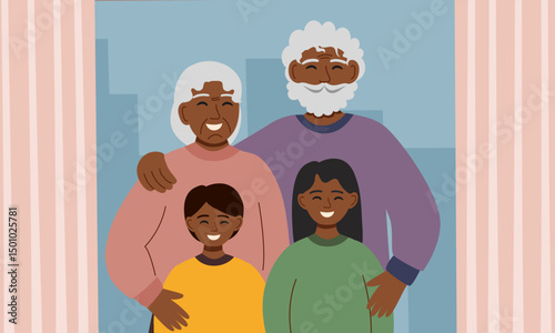 Family illustration background. Grandparents and grandchildren. Family and generations concept. Vector hand drawn banner in flat style.
