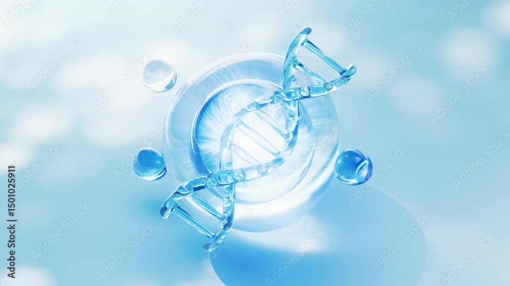 Biological DNA with transparent blue bubbles background, 3d rendering.