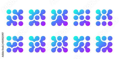 Abstract connected circles and dots icon. Integrate innovate logo, vector technology shape. Neuron Nano molecula, artificial brain symbol. Network science data, metaball design. Organic medical liquid