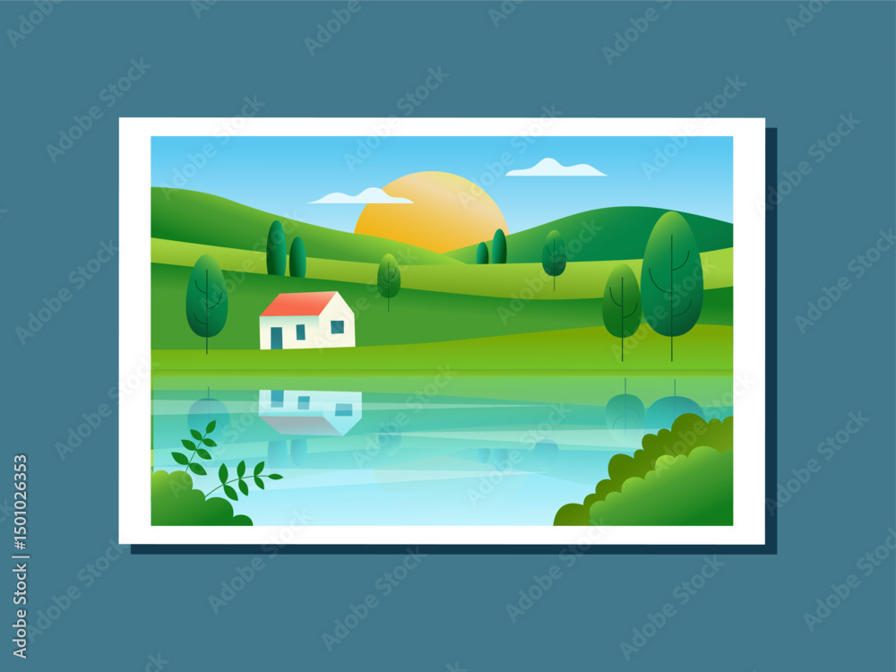 Fototapeta premium Picture of landscaped nature background. Interior element. Vector illustration clipart. Gradient banner.